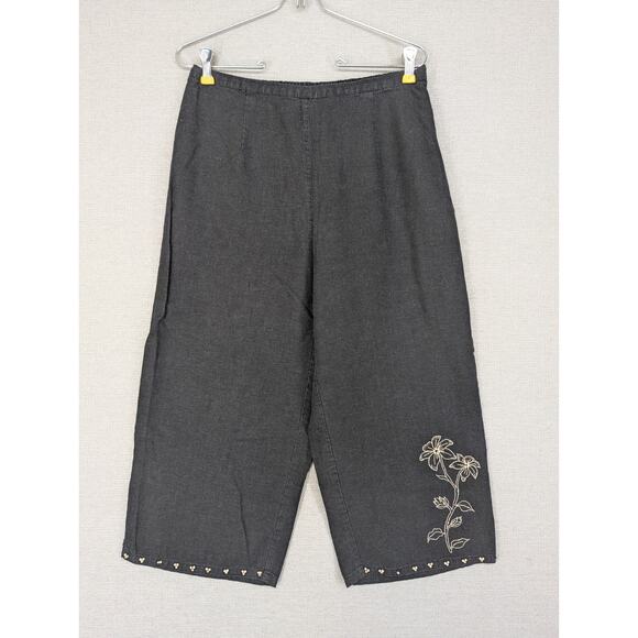 Erika Linen Capris Pants Size Medium Black Embroidered Beaded -0925F39 - Picture 1 of 7